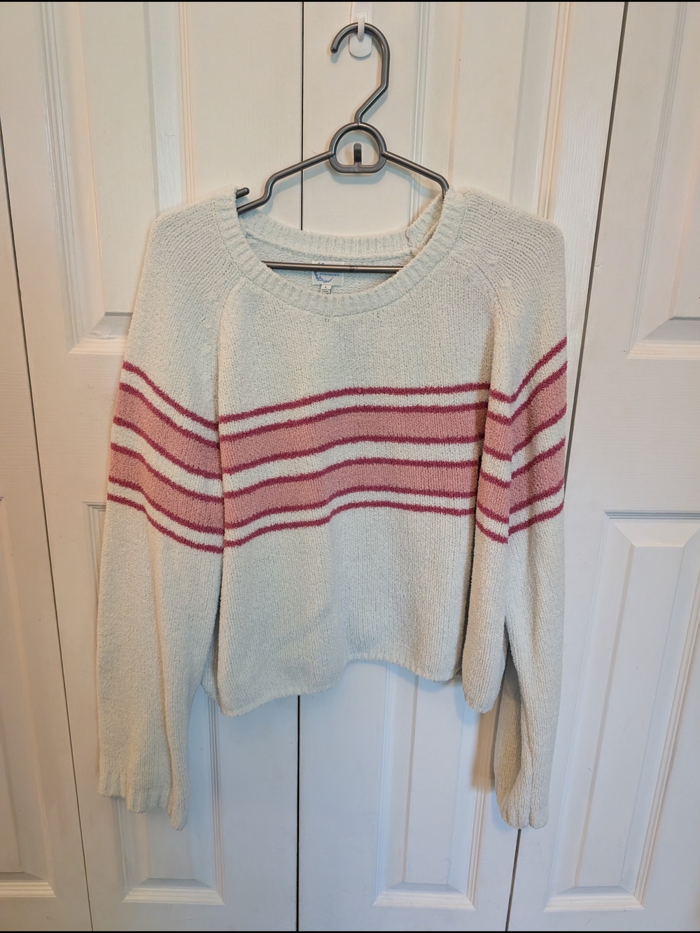Blue Rain Seafoam Sweater with Pink Stripe Accents